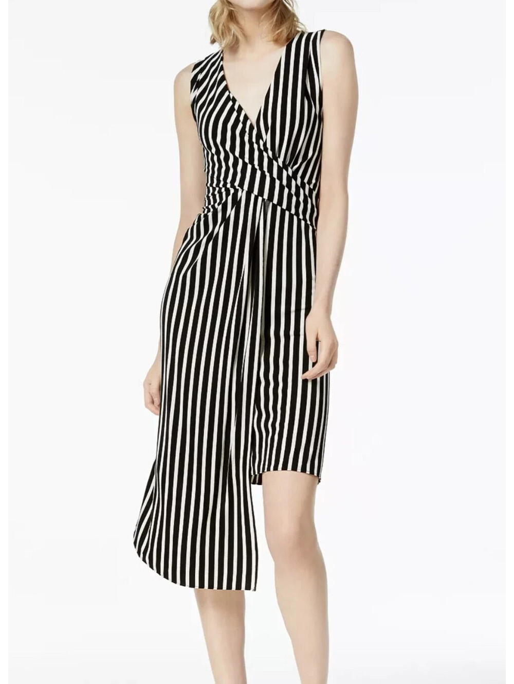 Bar III Women's Striped Asymmetrical XS Knee Length Wrap Dress Black White